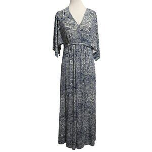 Chico's Blue & White Bryn Etched Tile Soft Knit Maxi Dress Sz 2 (M-12) Geo Print